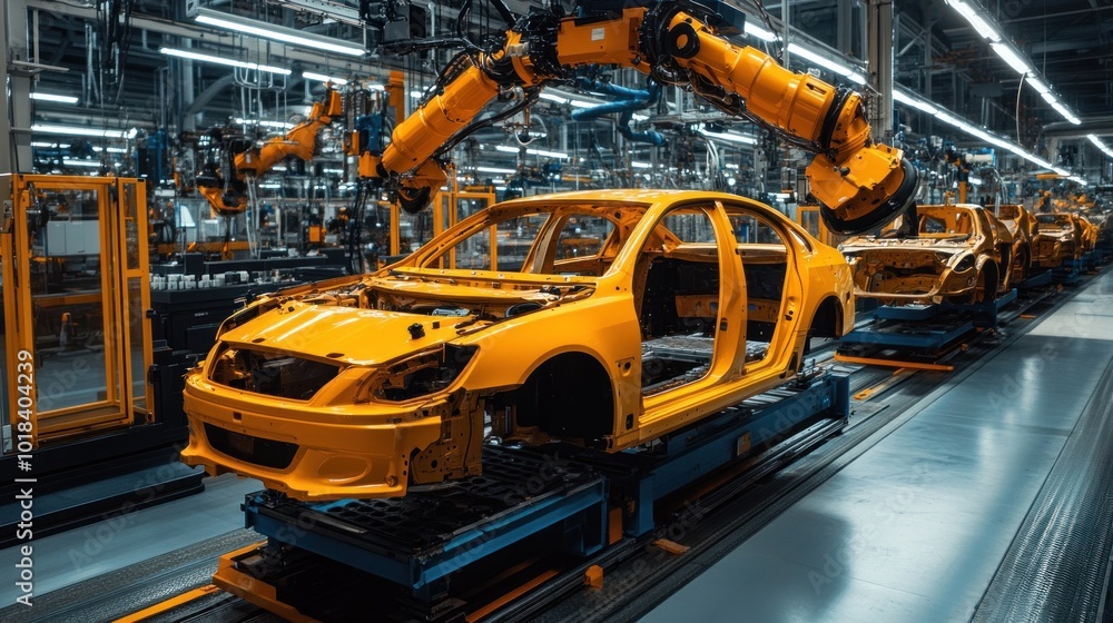 Poster a robotic arm assembles a car body on an automated assembly line in a factory.