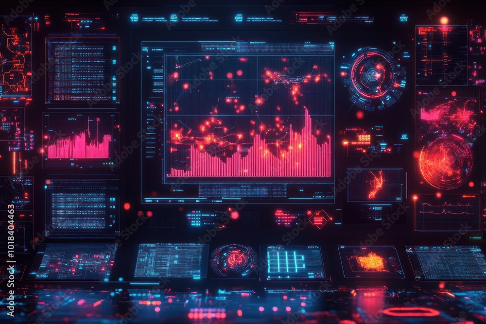 Poster futuristic interface with glowing red and blue lines, graphs, and data points on a dark background.