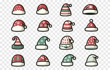  Set of vector Christmas hats. Christmas hats png. Christmas hats in different designs. Santa Claus hat png.