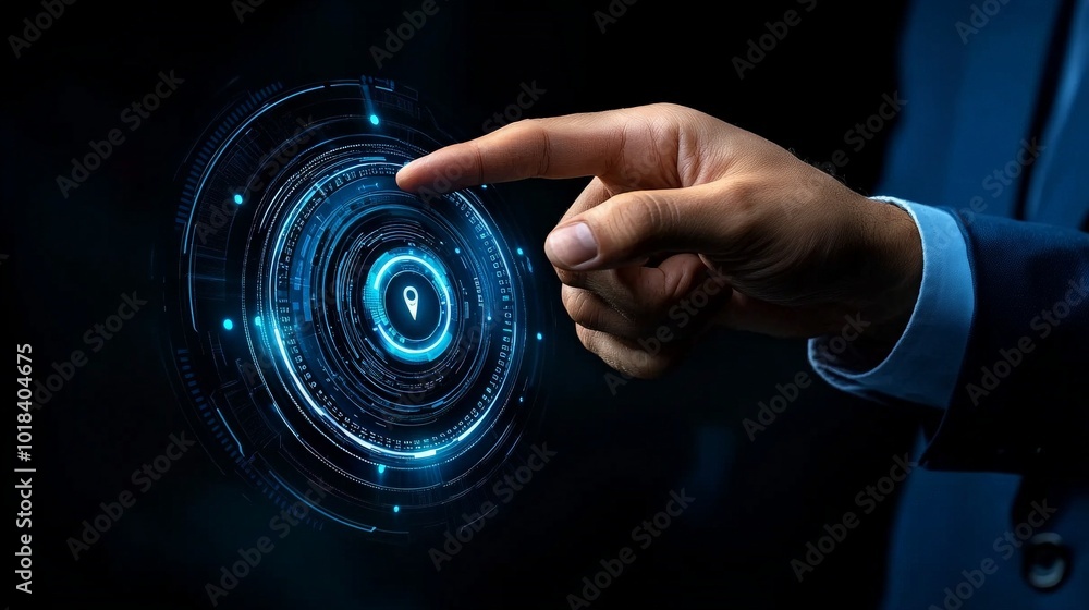 Poster accessing secure data: a businessman's finger hovers over a futuristic, glowing interface, symbolizi