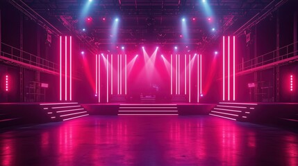 Vibrant pink stage lighting in empty venue, concert setup.