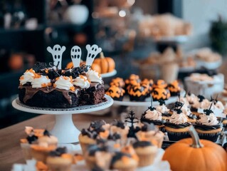 Family gathered for a Halloween dessert table featuring a chocolate cake shaped like a coffin