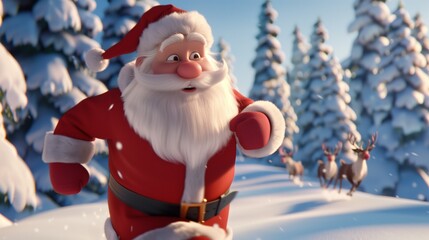 Santa Claus joyfully running with reindeer in snowy winter wonderland.