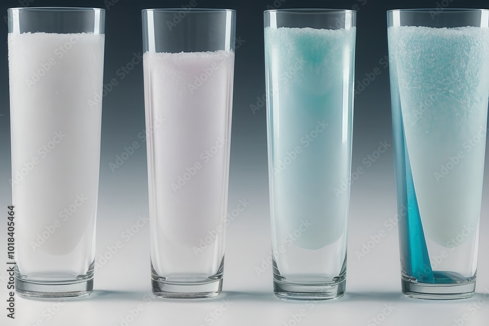 Wall mural the image contains four tall, clear glasses with different colored liquids. the first glass contains