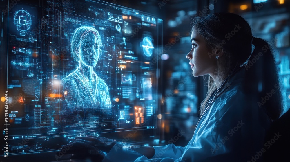 Poster a woman in a white lab coat working on a computer with a digital interface showing a 3d model of a h