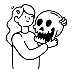 A woman holding a haunted skull, a doodle style icon 

