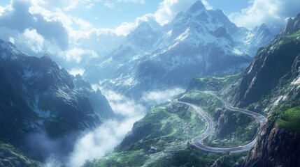 A winding mountain road leads through a stunning valley, with snow-capped peaks in the background and clouds swirling below.