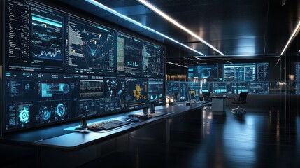 Fototapeta premium A futuristic control room with multiple monitors displaying data and information.