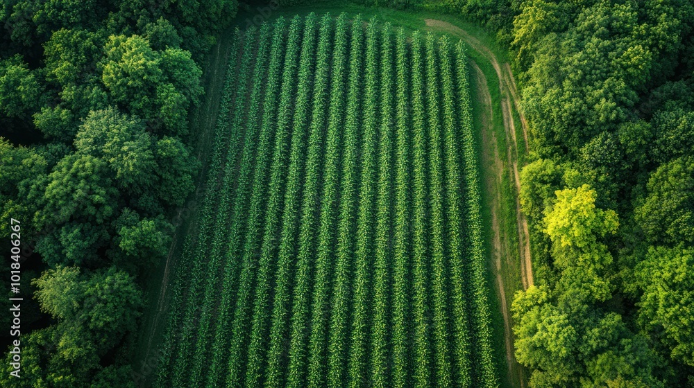 Poster an aerial view of a lush green orchard with rows of trees stretching out into the distance. the tree