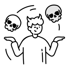 An evil character juggling skulls, a doodle style icon 

