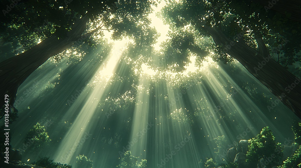 Poster light filtering through a dense forest canopy