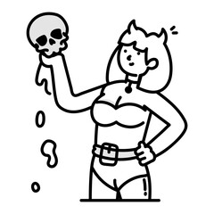 Demon girl holding a bloody skull, a doodle style icon 
