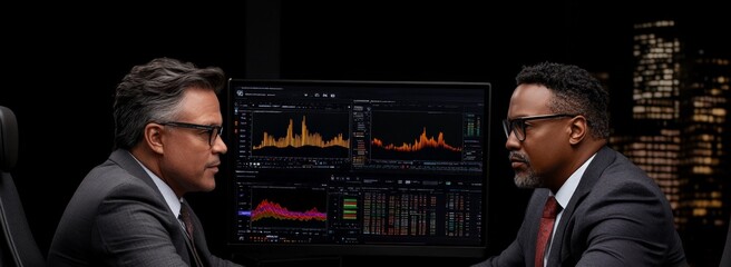 Strategic Partnership: Two serious businessmen analyze financial data on a computer screen, showcasing intense focus and collaboration in a dimly lit office setting.  