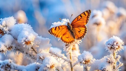 Obraz premium Orange butterfly on snow covered plant