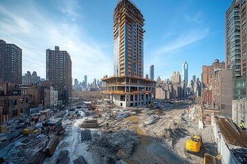 imposing concrete and steel structure rises from bustling construction site sleek lines and modern materials showcase architectural innovation in progress