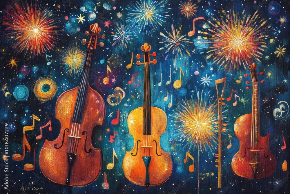 Aufkleber a colorful illustration of four string instruments, with musical notes and fireworks exploding in th