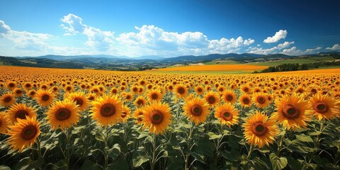 Obraz premium A Field of Sunflowers Bathed in Golden Light, Stretching Towards a Blue Sky with Puffy Clouds, Creating a Picturesque Landscape