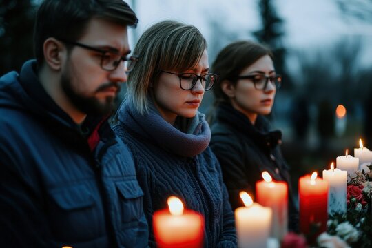 Three people mourn at a candlelit vigil, reflecting somberly as they remember a loved one amidst a tranquil, dimly lit setting.