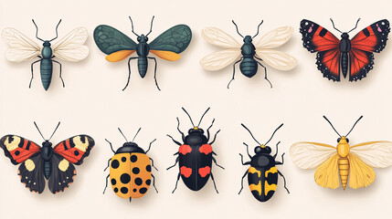 Fototapeta premium Isolated vector illustration of a set of small insects like wasp, bug, and butterfly, perfect for spring and nature themes