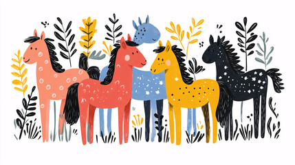 Lovely hand drawn doodle of happy and wild horses, isolated on white, great for kids' clipart