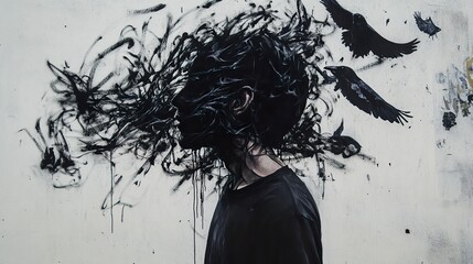 Abstract Black and White Surrealism with Crow and Human Figure