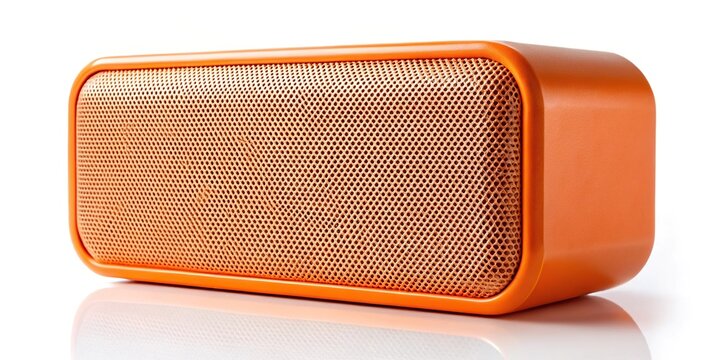 Orange portable Bluetooth speaker isolated on white background low angle