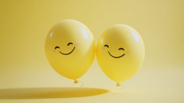 A pair of yellow balloons with winking and smiling faces, placed in the foreground with their strings forming playful shapes, background fading to a - Powered by Adobe