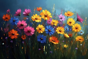 impressionistic summer meadow vibrant wildflowers in full bloom amid lush grasses rendered in bold brushstrokes and rich warm colors evoking joy and vitality