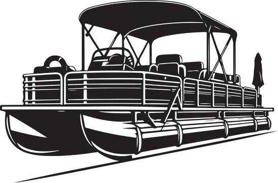 black and white pontoon boat on the water clip art preview