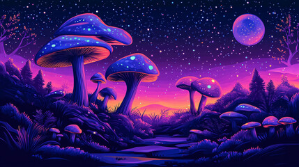 Psychedelic vector design of happy frogs and mushrooms in a celestial scene, great for a trippy background