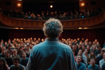 Fototapeta premium A man standing in front of an audience in an auditorium