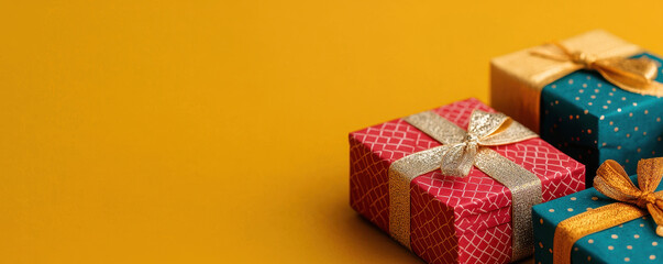 Brightly colored gift boxes with decorative ribbons are arranged on vibrant yellow background, perfect for festive occasions and celebrations