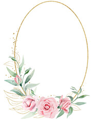 Frame with pink watercolor flowers and green leaves, isolated wedding and greeting illustration