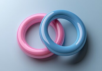 Two interlocking pastel pink and blue green rings symbolize unity and balance, set against a minimalist backdrop. Ideal for branding and conceptual marketing related to relationships.