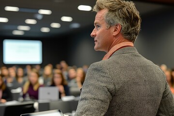 A Man in a Herringbone Blazer Looking Over His Shoulder at an Audience