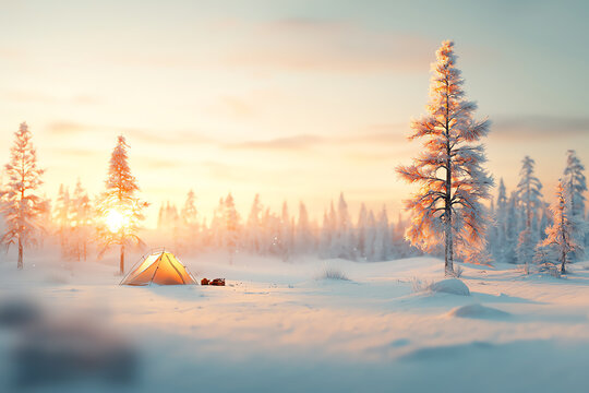 Snowcovered winter camping, extreme survival mode in wilderness, 3D illustration