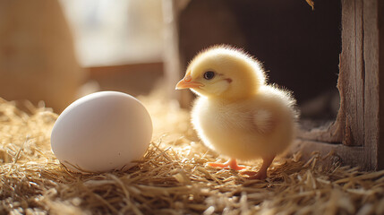 Side view of a baby chick and a white egg in a domestic setting, showcasing a cute and organic farming design