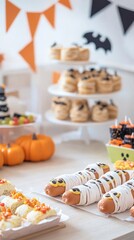 Family preparing Halloween-themed hot dogs wrapped like mummies topped with candy eyes