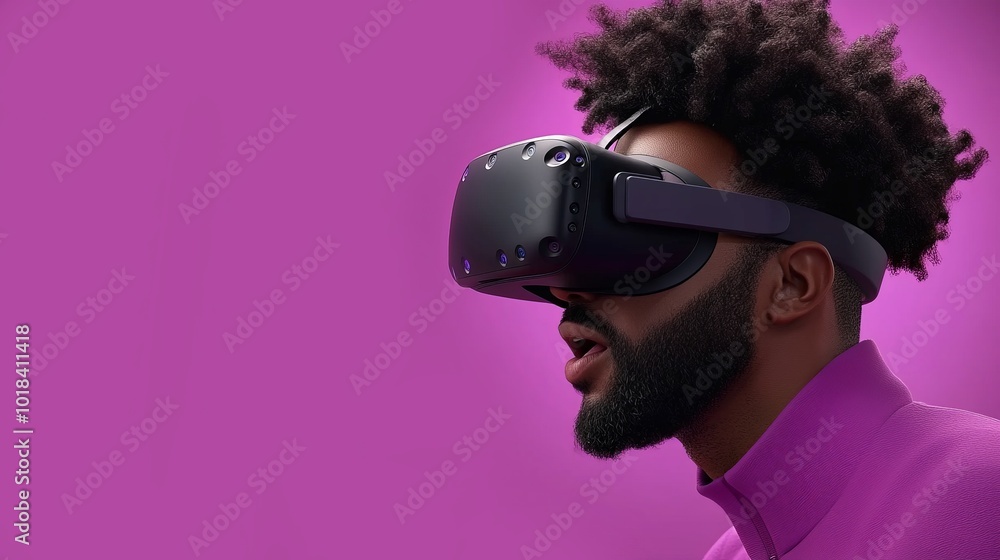 Poster immersed in virtual reality: a man with a determined expression wears a virtual reality headset agai