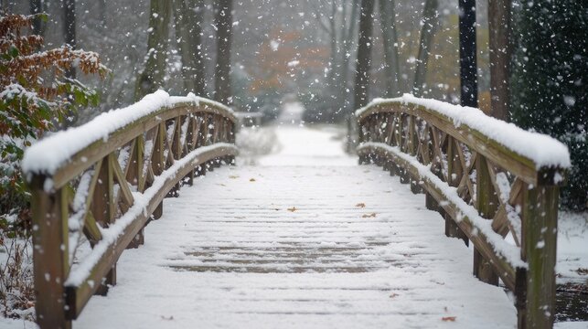 A snowfall over a wooden bridge in a park, with snow gently covering the path and railings, leading into a snowy landscape.