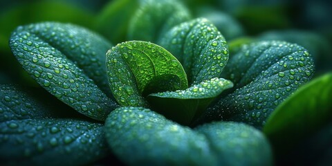 A close-up of emerald green leaves with delicate water droplets clinging to their surface, showcasing the intricate details of nature's artistry.