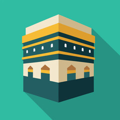 a colorful illustration of a mosque with a mountain in the background, a moon and a mosque