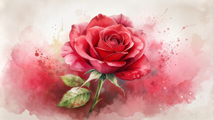Watercolor red rose with green leaves and abstract pink splashes