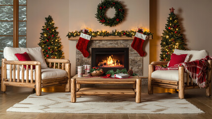Obraz premium cozy festive living room with rustic furniture and Christmas decorations