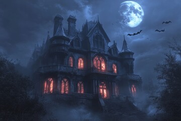 Haunted Mansion, Bats Flying, Full Moon, Eerie Mist Envelops the House, Halloween Concept