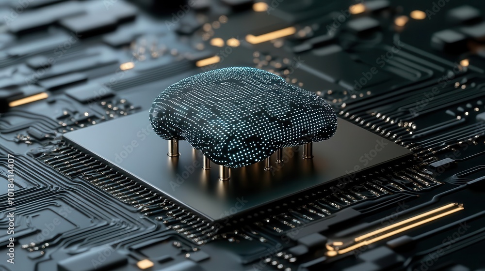 Poster a close-up view of a futuristic microchip embedded in a circuit board, showcasing advanced technolog