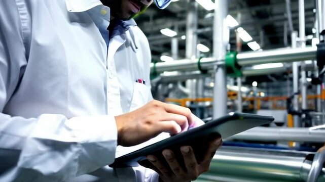 close-up of engineer documenting factory processes on tablet