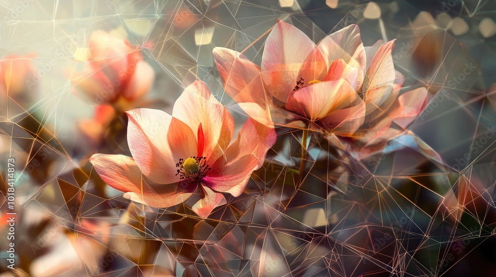 Poster a close-up of blooming flowers framed by intricate geometric patterns, emphasizing the contrast betw