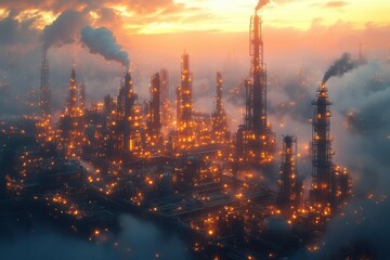 Fototapeta premium industrial refinery at twilight intricate network of pipelines glowing with internal light steam rising dramatically hightech feel