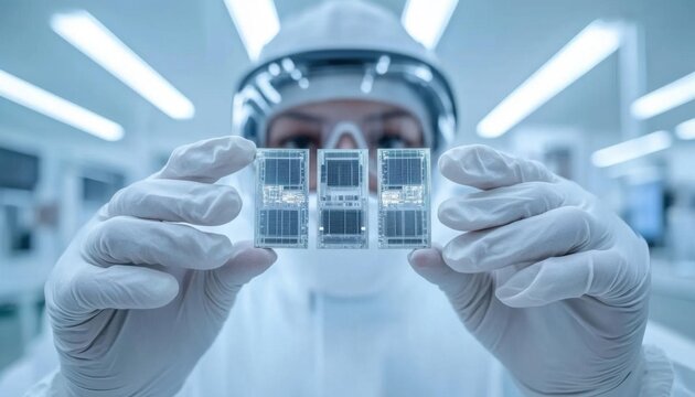 A worker inspecting semiconductor wafers in a cleanroom